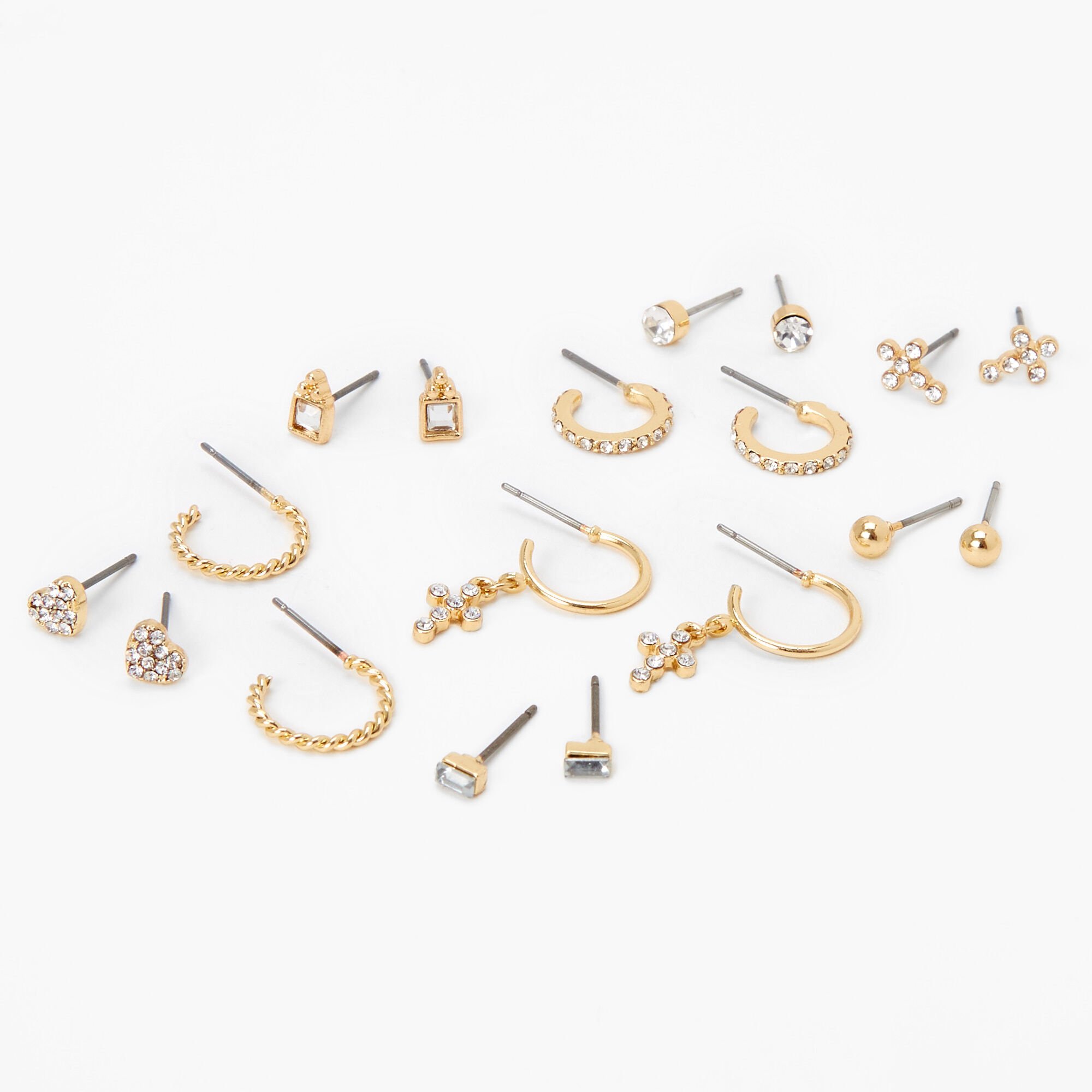 Gold-tone Crystal Cross & Heart Mixed Earrings Set - 9 Pack,