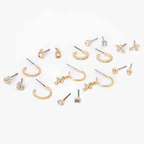 Gold Crystal Cross &amp; Heart Mixed Earrings Set - 9 Pack,