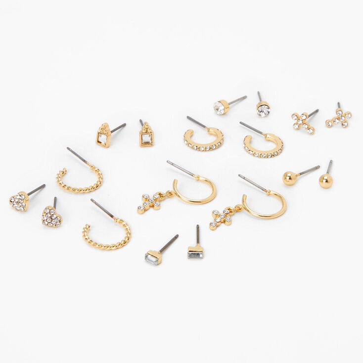 Gold-tone Crystal Cross &amp; Heart Mixed Earrings Set - 9 Pack,