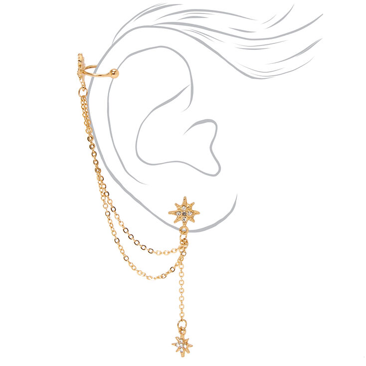 Gold Embellished Starburst Connector Chain Earring Set,