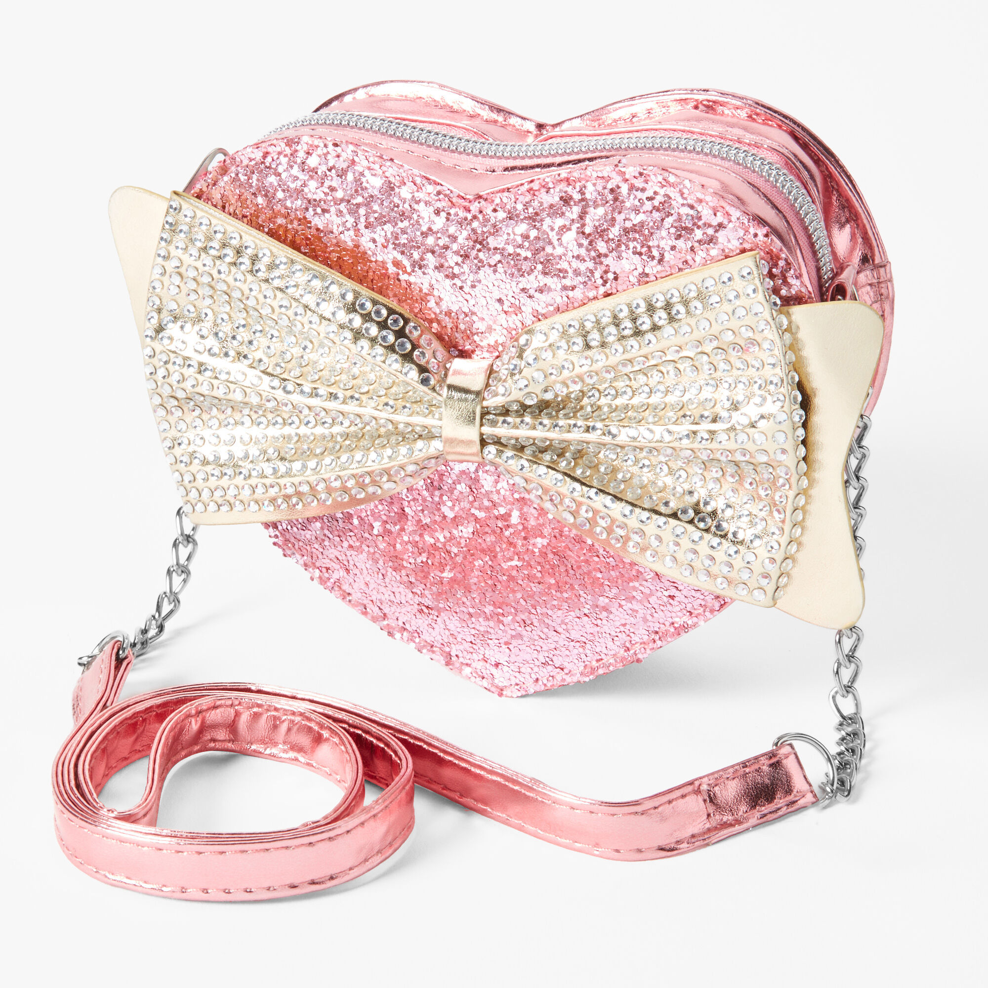 Claire s Club Glitter Heart Bow Crossbody Bag Pink