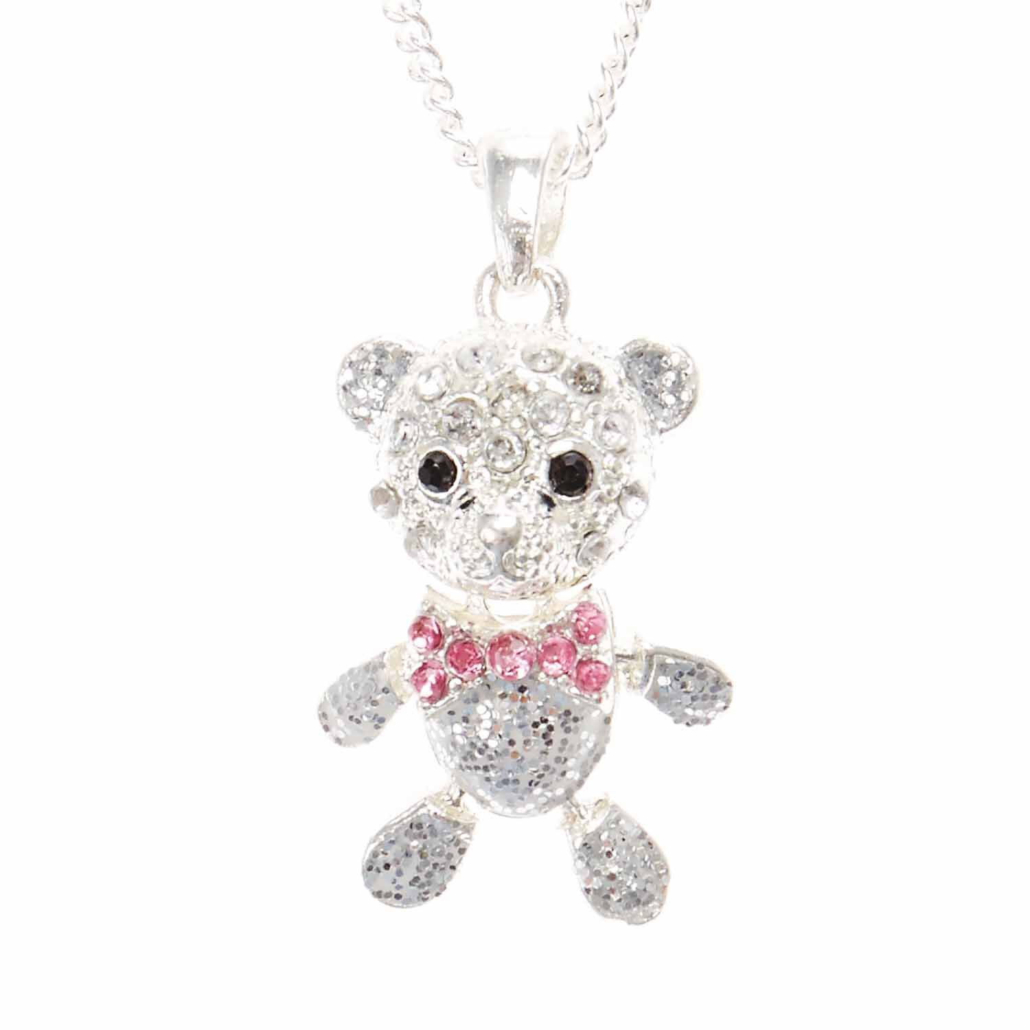Silver Embellished Teddy Bear Pendant Necklace,