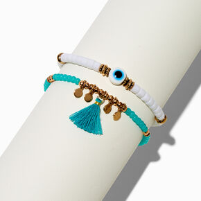 Lot de bracelets &eacute;lastiques perl&eacute;s mauvais &oelig;il pompon couleur turquoise - Lot de 2,