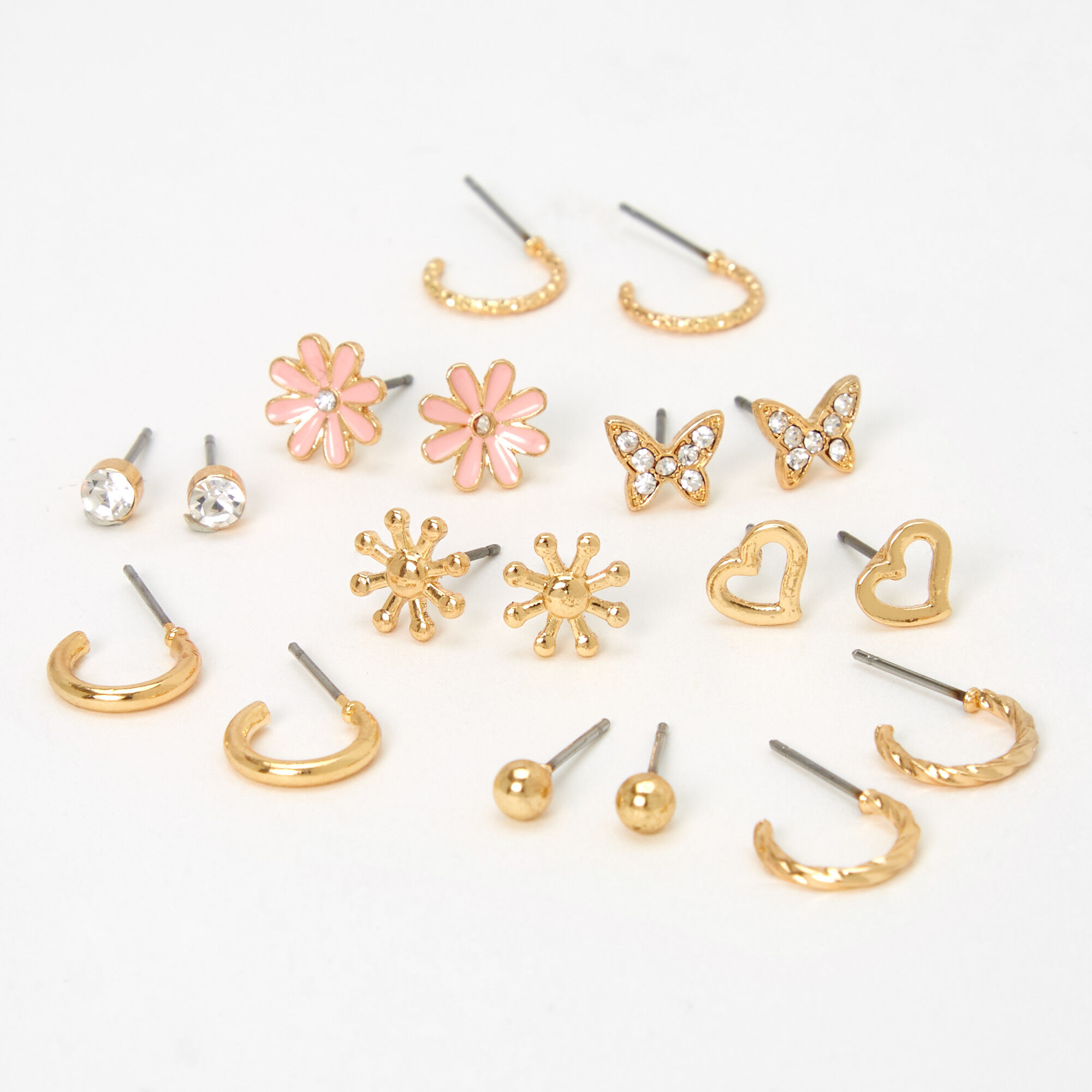 View Claires Hoops Daisies Stud Earrings 9 Pack Gold information