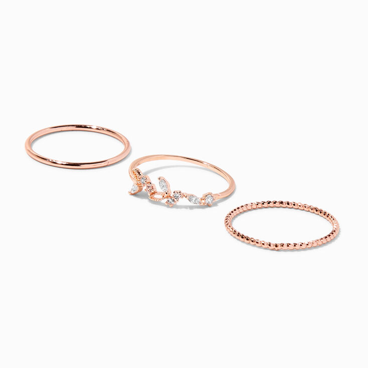 Rose Gold Cubic Zirconia Floral Vine Ring Set - 3 Pack,