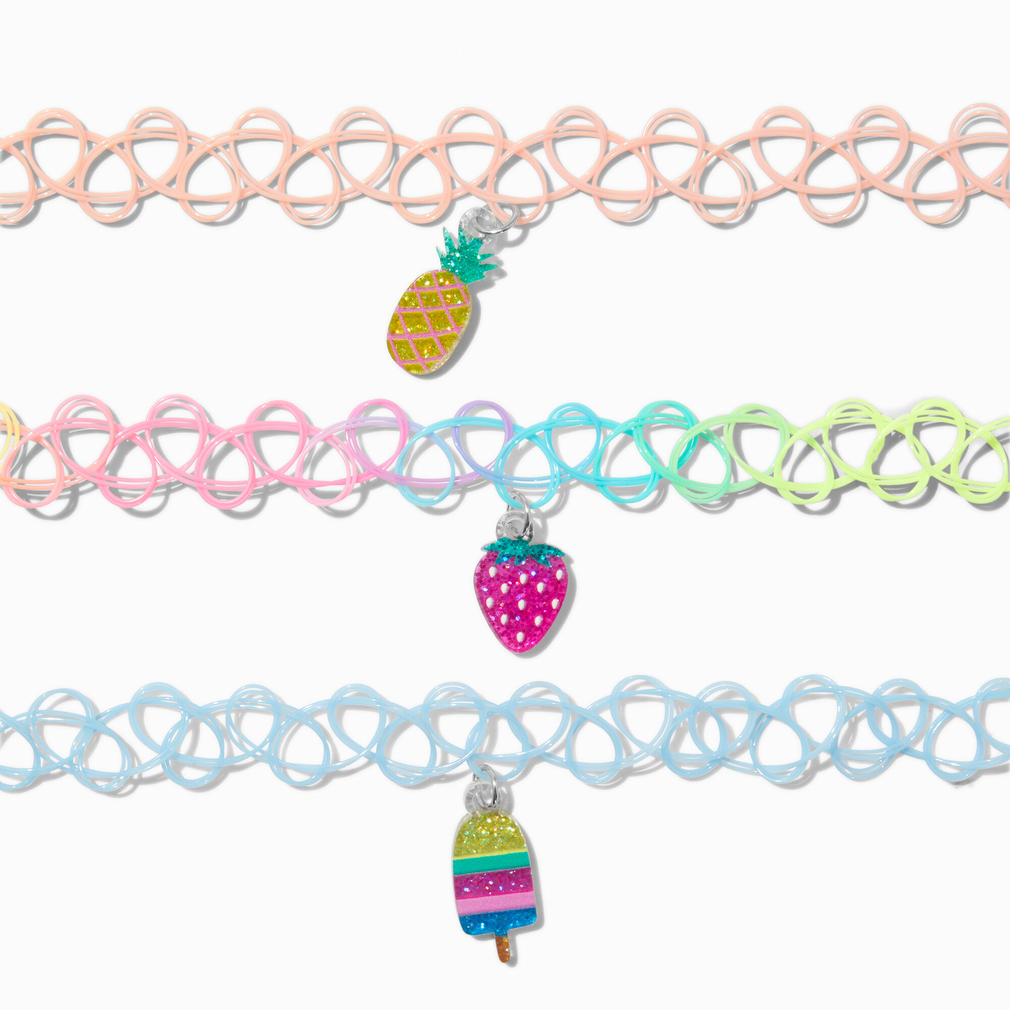 View Claires Club Summer Fruit Tattoo Choker Necklaces 3 Pack information