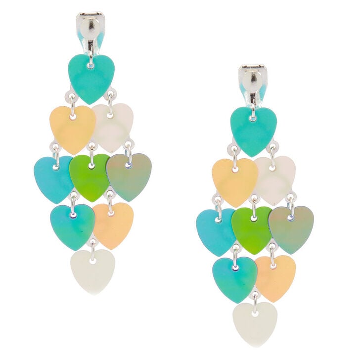2&quot; Holographic Heart Chandelier Clip On Drop Earrings,