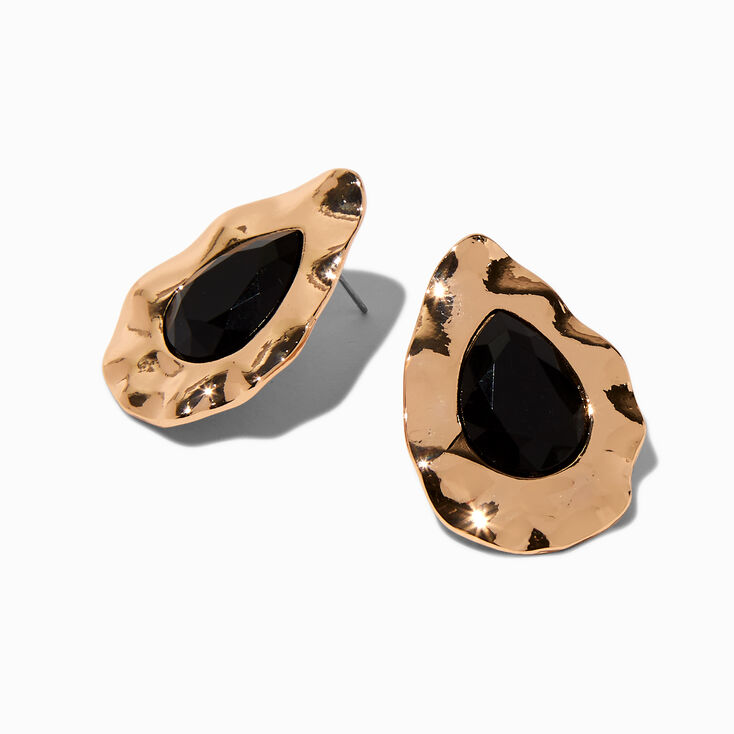 Clous d&#39;oreilles strass noir avec bordure couleur dor&eacute;e,