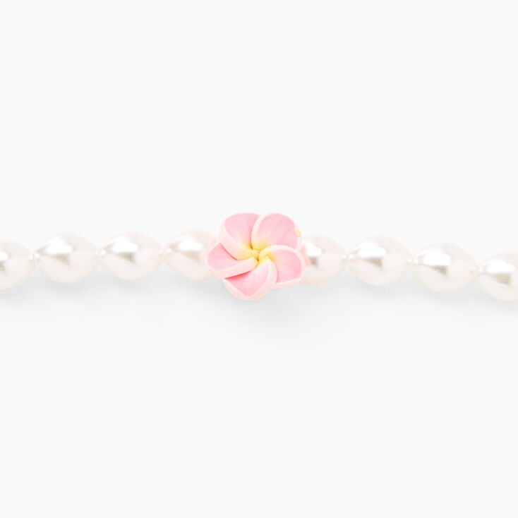 Pink Hibiscus Flower Beaded Pearl Choker Necklace,