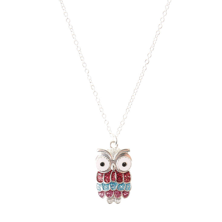 Glitter Silver Owl Pendant Necklace,