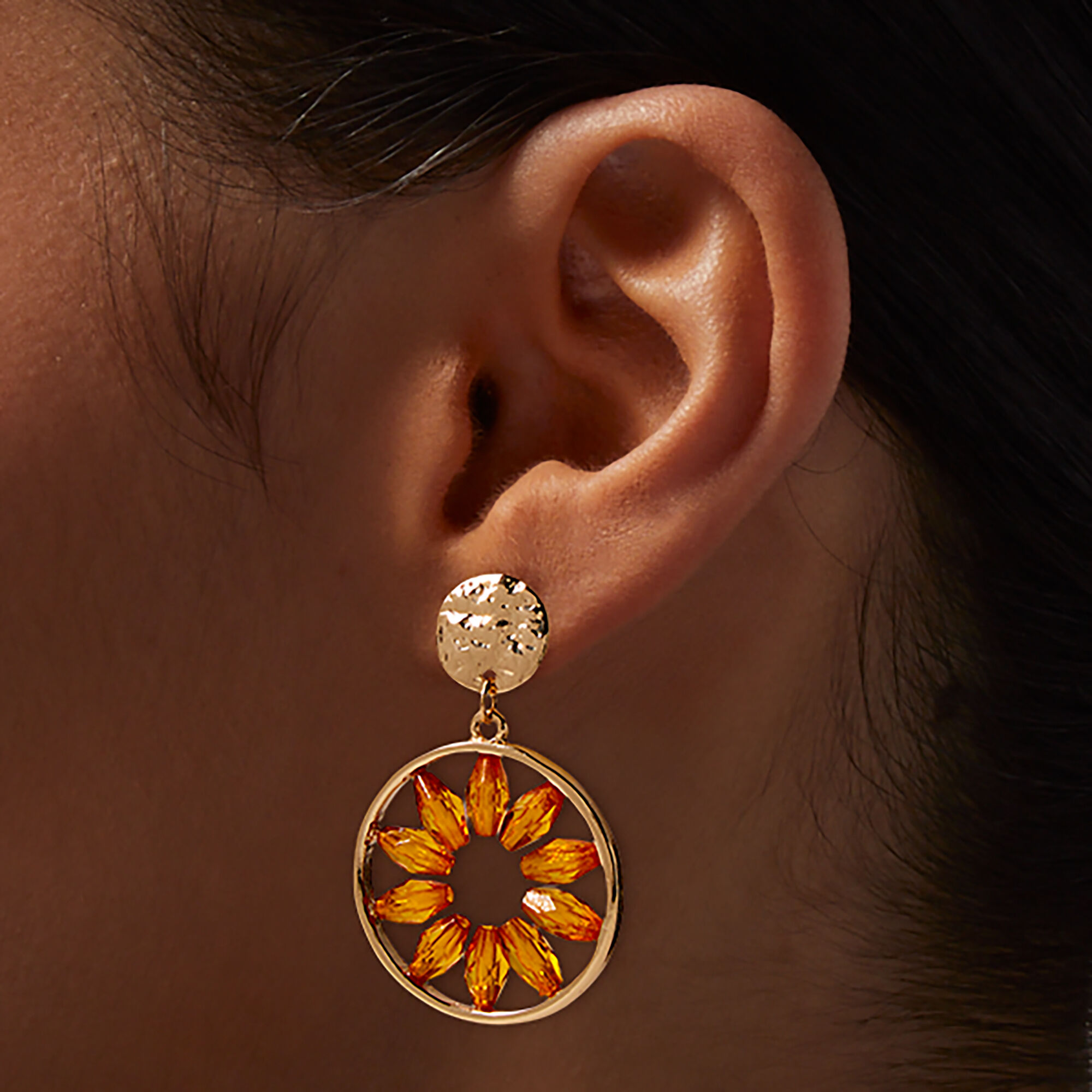 Orange Beaded Flower Gold-tone 1" Drop Earrings ,