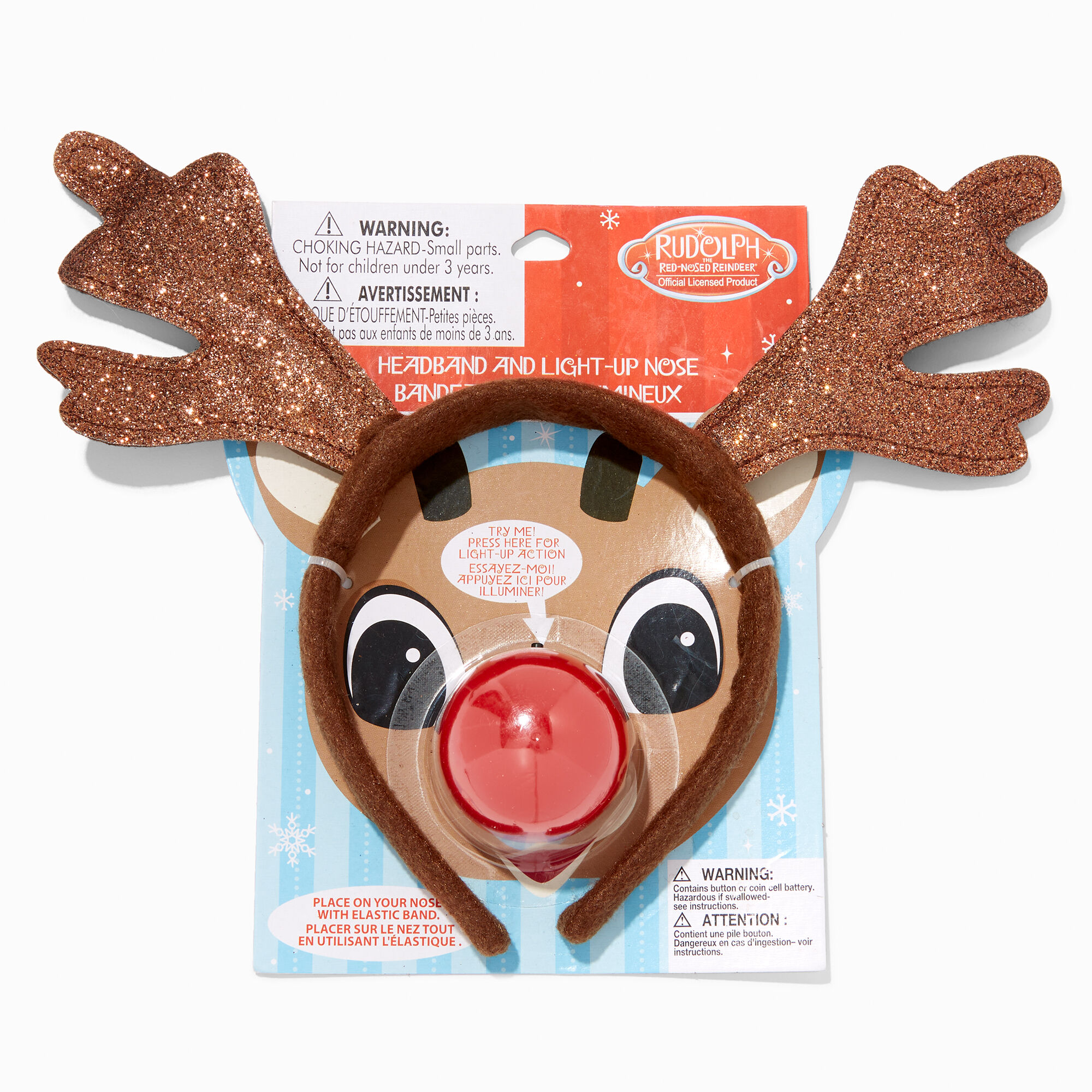 View Claires Rudolph The Nosed Reindeer Antler Headband LightUp Nose Set Red information