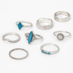 Silver Turquoise Sun, Triangle, &amp; Woven Rings - 8 Pack,