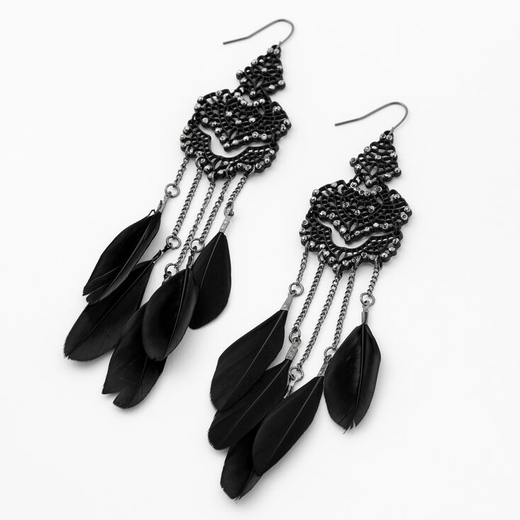 Black 5&quot; Crystal Filigree Feather Drop Earrings,