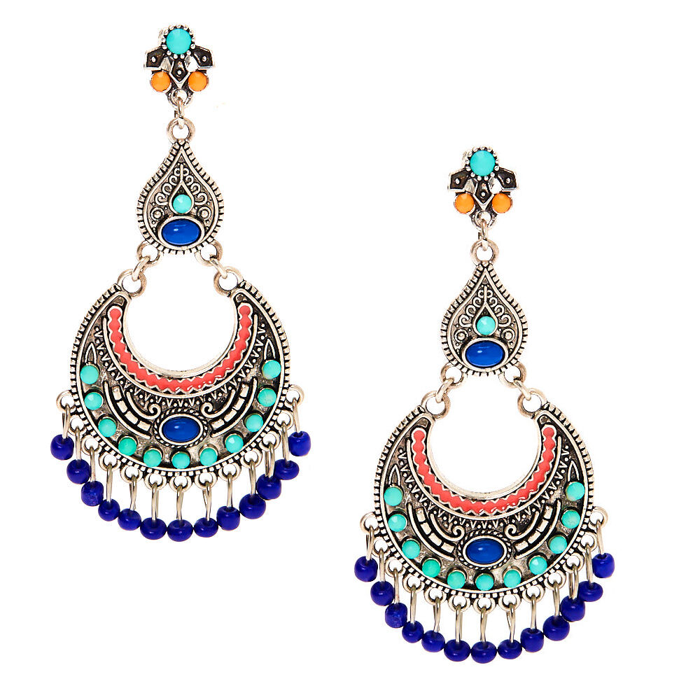 Silver 3" Beaded Clip On Drop Earrings,