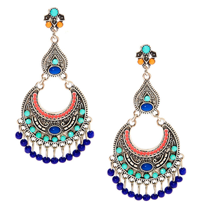 Silver 3&quot; Beaded Clip On Drop Earrings,