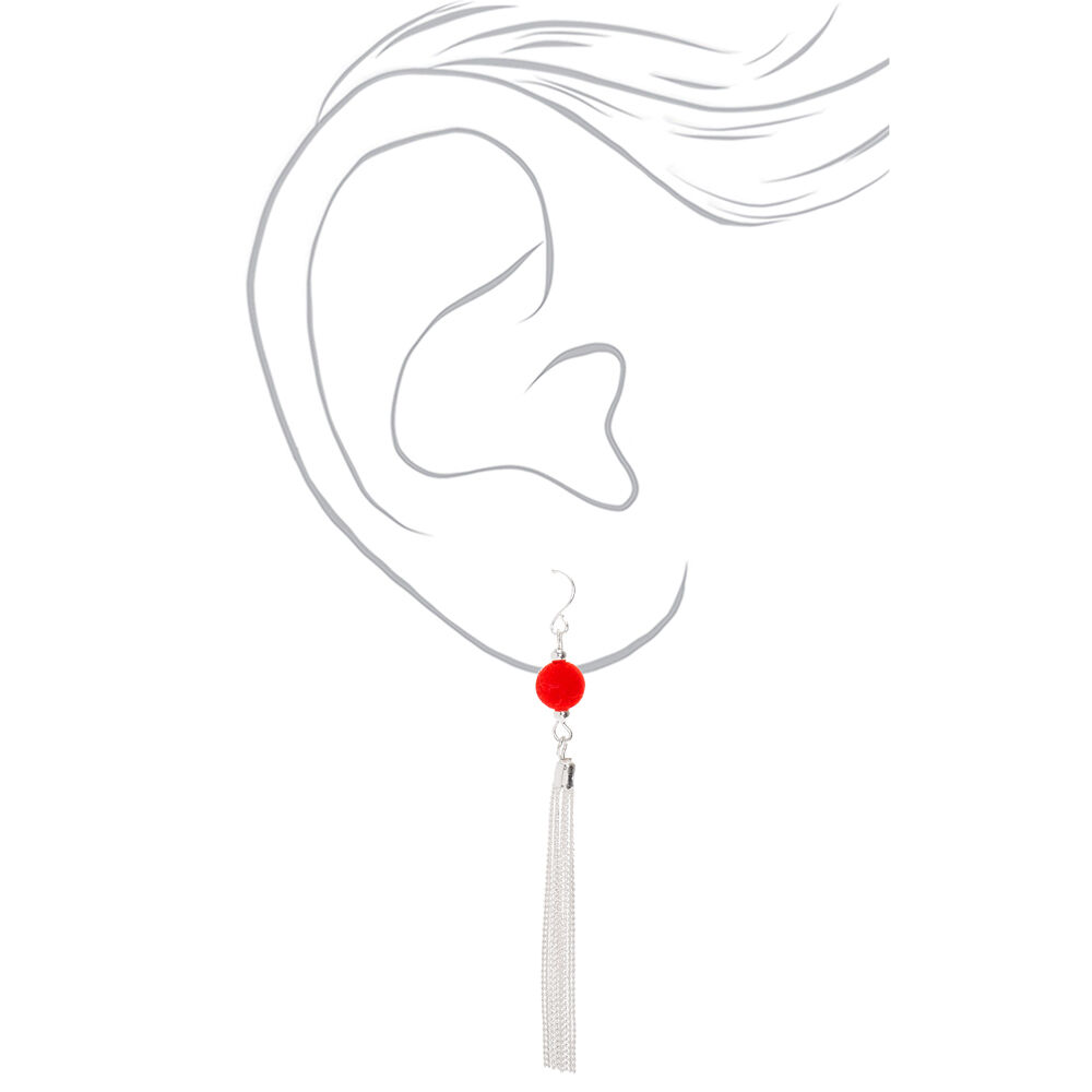 Silver 3" Pom Drop Earrings - Red,