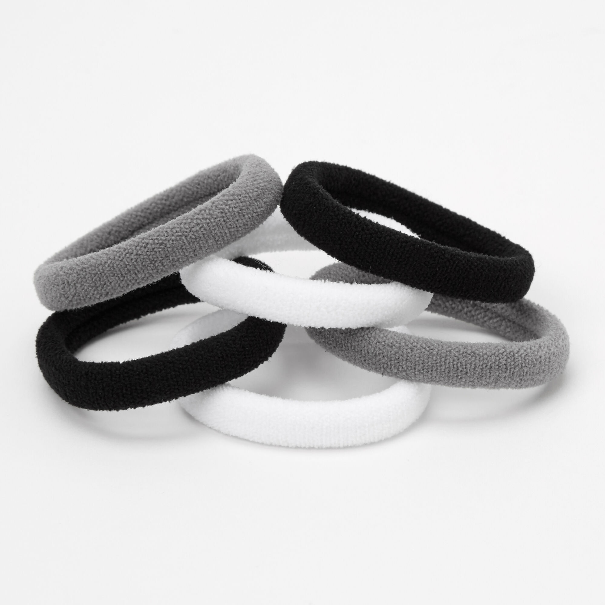 Black, Gray, & White Plush Rolled Hair Ties - 6 Pack,