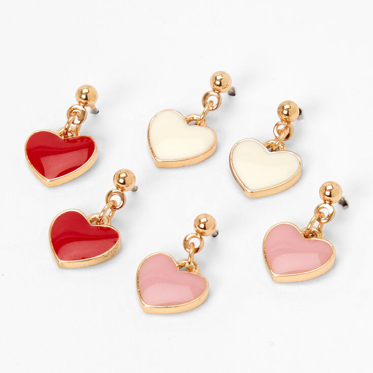 Gold Pink & Red Heart Drop Earrings - 3 Pack