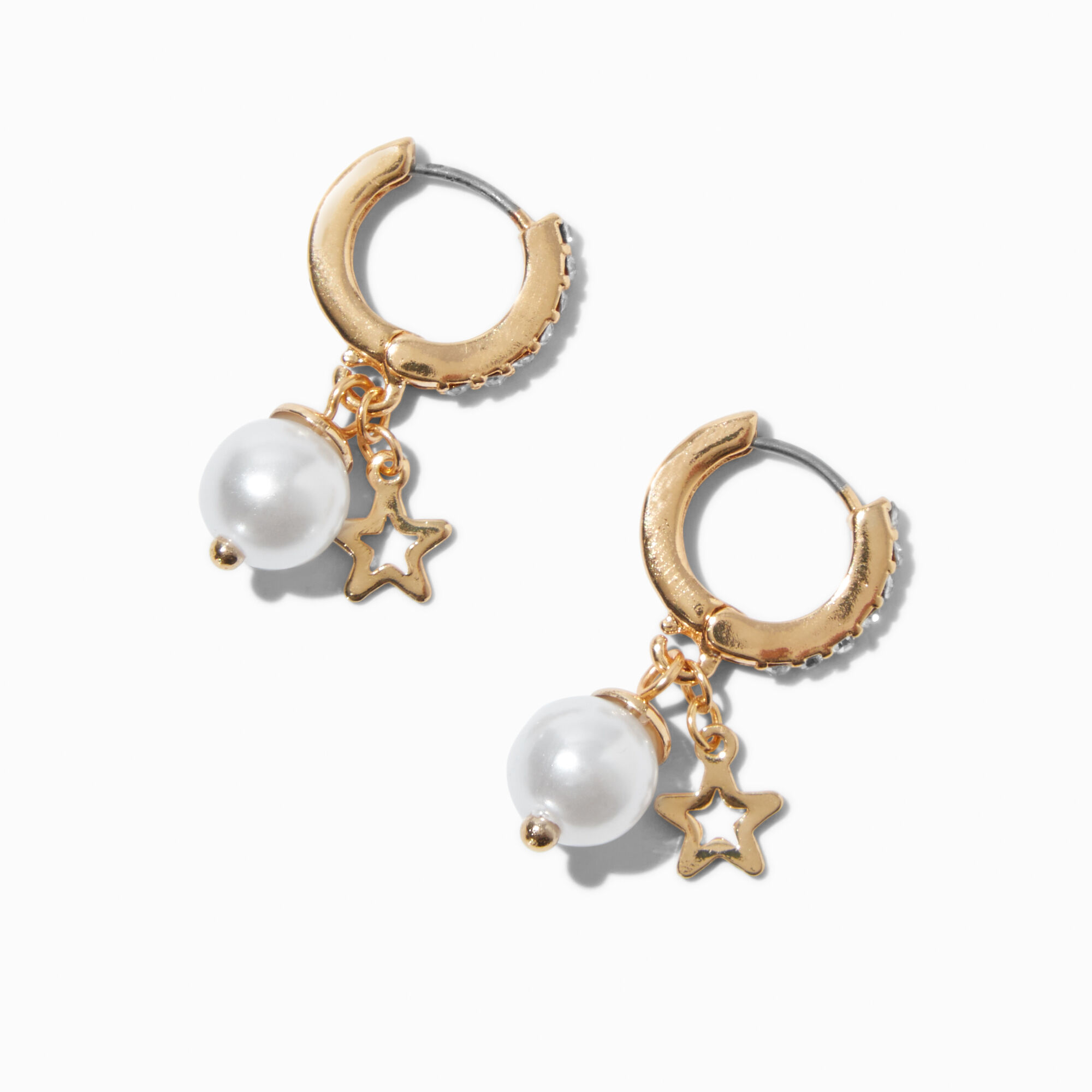 Créoles strass pavé perle d'imitation et étoile couleur dorée,