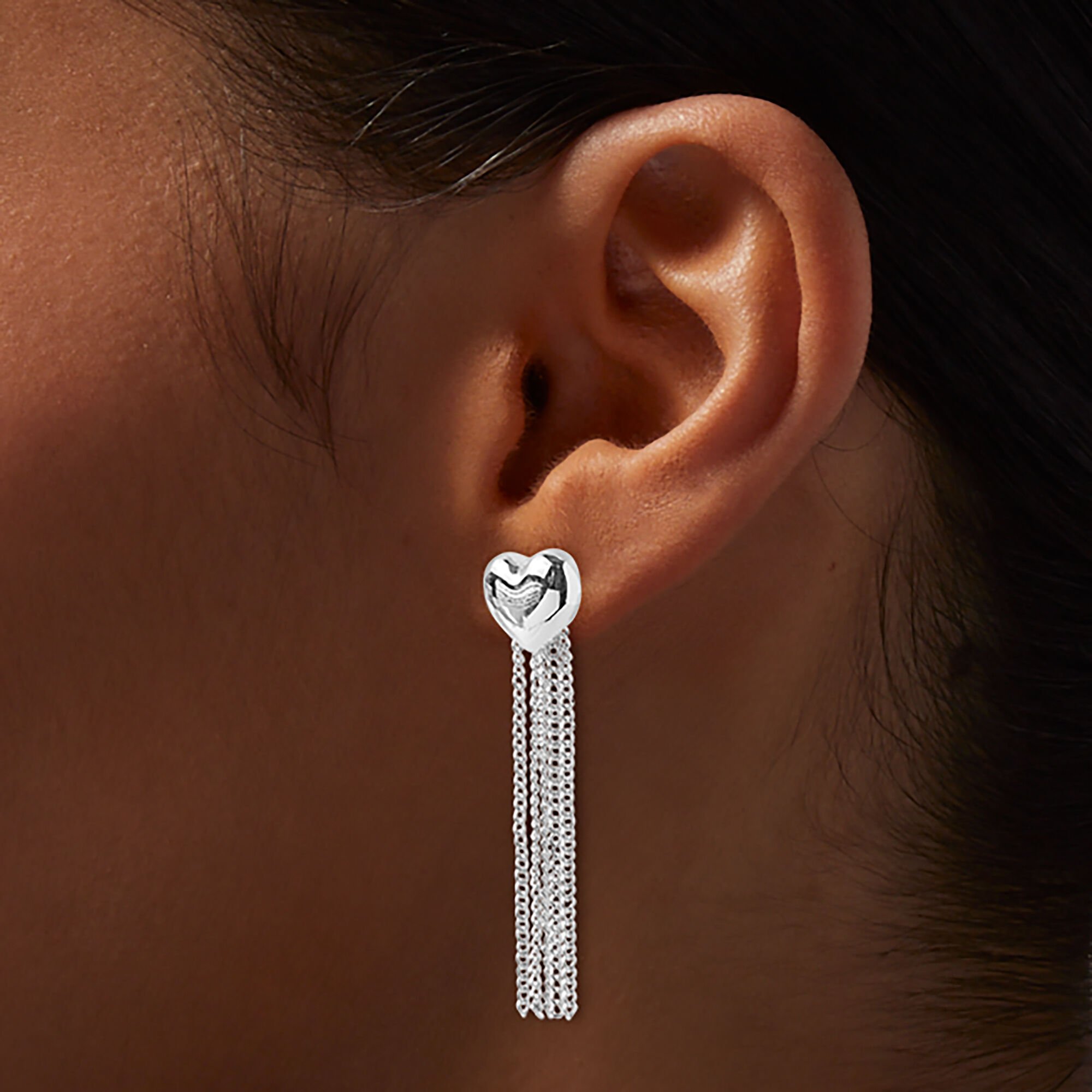 Silver-tone Heart Fringe Drop Earrings,