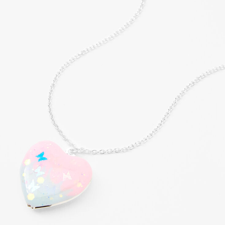 Glitter Ombre Heart Locket Necklace - Silver,
