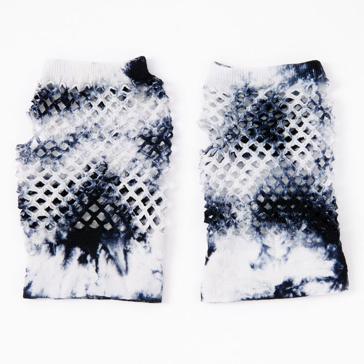 Blue &amp; White Tie Dye Fingerless Fishnet Gloves,