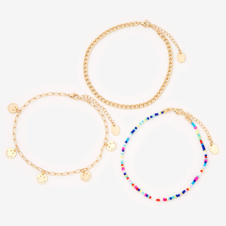 Gold Beaded &amp; Happy Face Chain Anklets &#40;3 Pack&#41;,