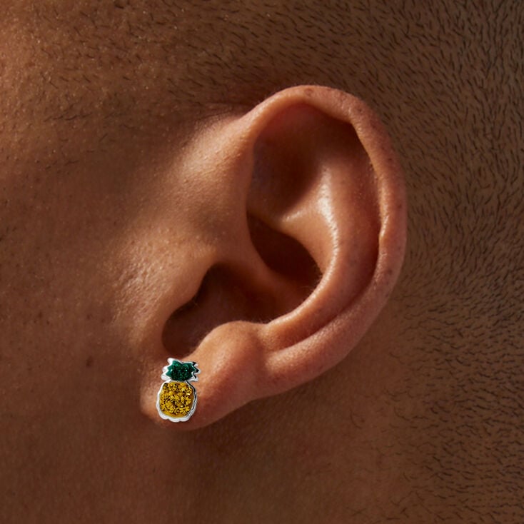 Clous d&#39;oreilles ananas avec strass couleur argent&eacute;e,