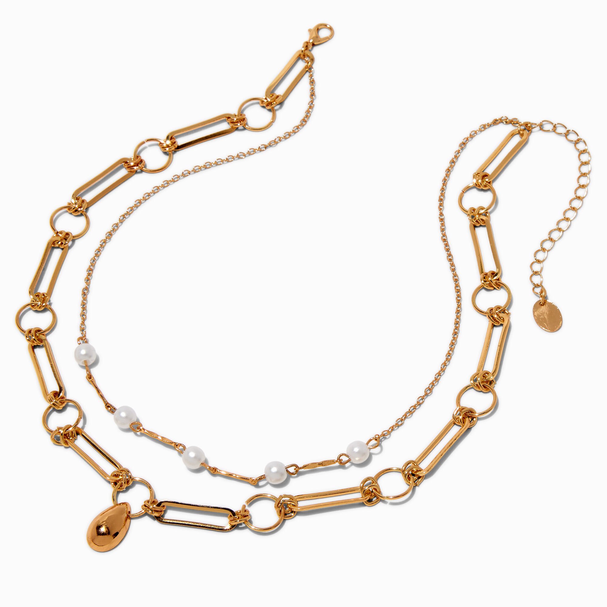 Gold-tone Teardrop Paper Clip & Pearl Chain Multi-Strand Necklace,