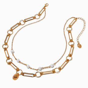 Gold-tone Teardrop Paper Clip &amp; Pearl Chain Multi-Strand Necklace,