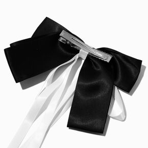 Black &amp; White Long Ribbon Hair Bow Clip,