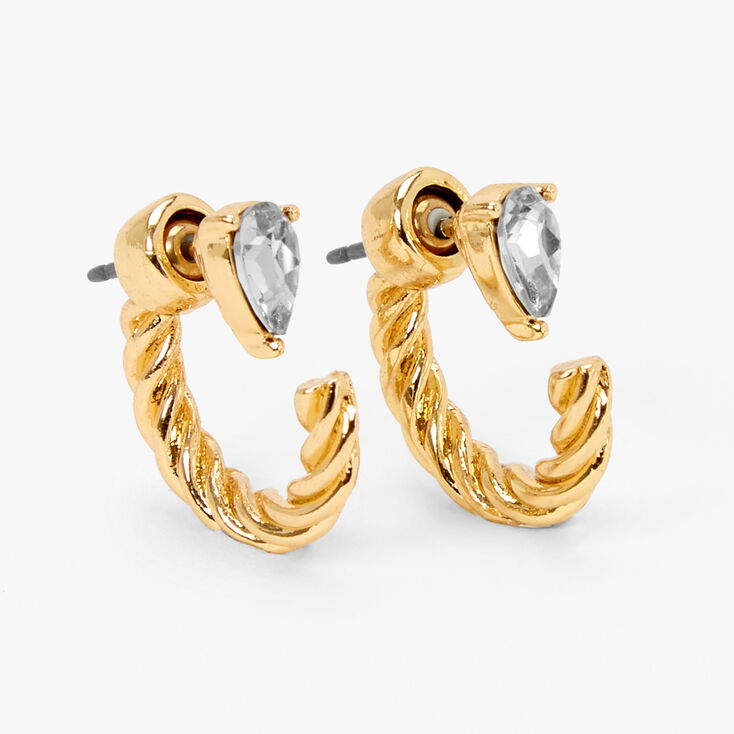 Gold 15MM Front and Back Crystal Twisted Tube Hoop Earrings,