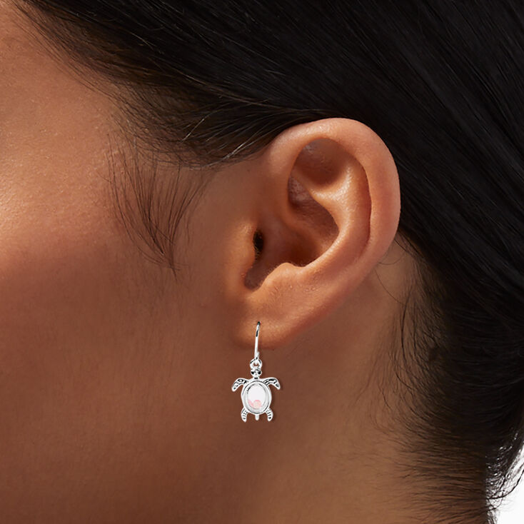 Silver 1&quot; Pink Shaker Turtle Drop Earrings,