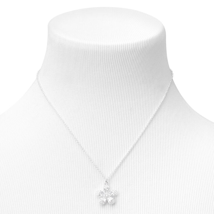 Silver-tone Cubic Zirconia Flower Pendant Necklace,