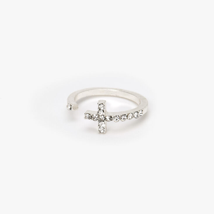 Silver Embellished Open Cross Midi Ring,
