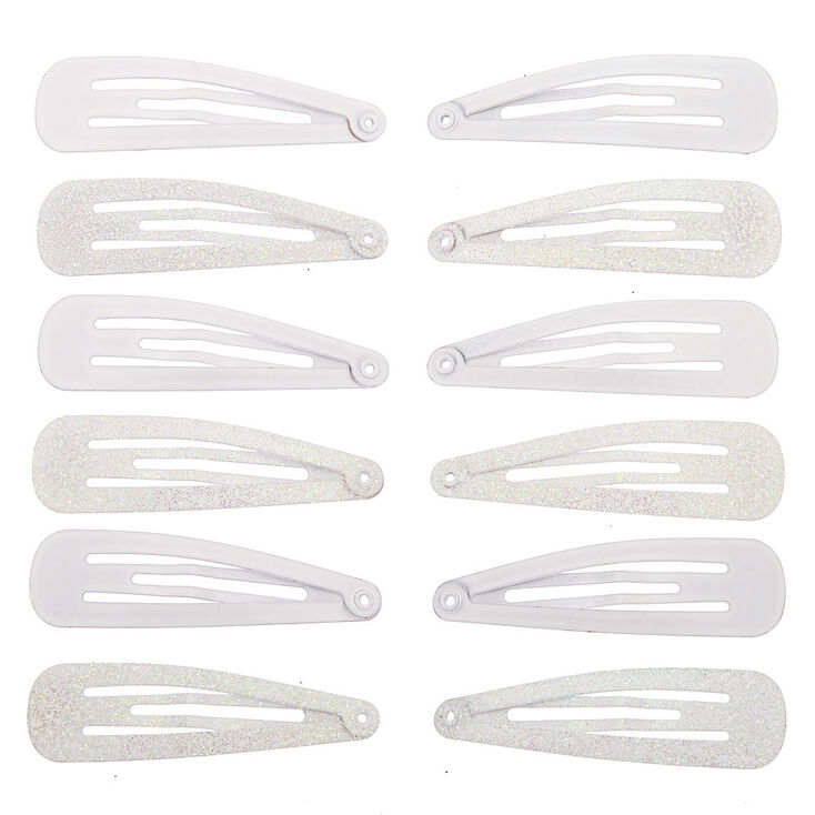 Glitter Matte Snap Hair Clips - White, 12 Pack,