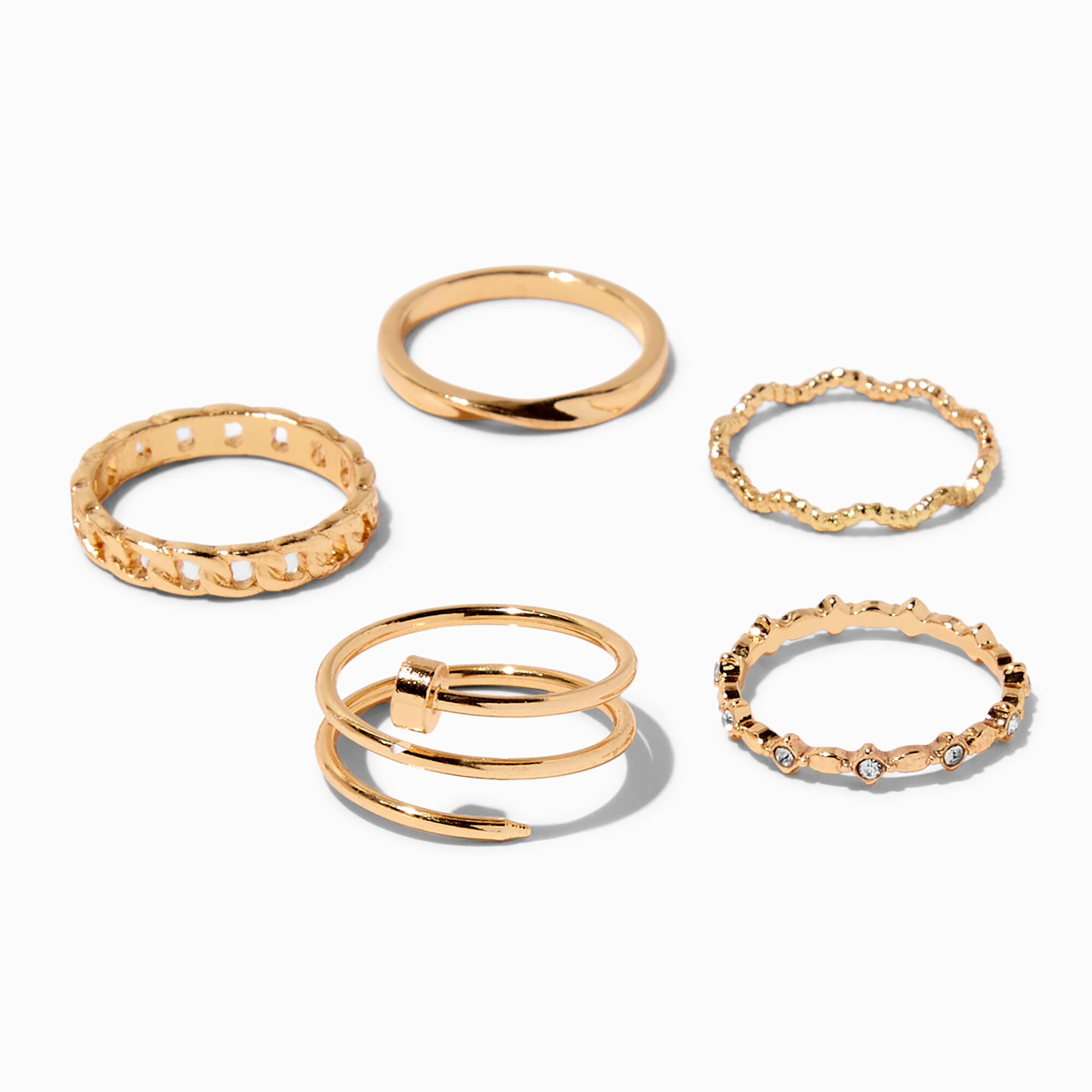 View Claires Tone Twisted Nail Rings 5 Pack Gold information