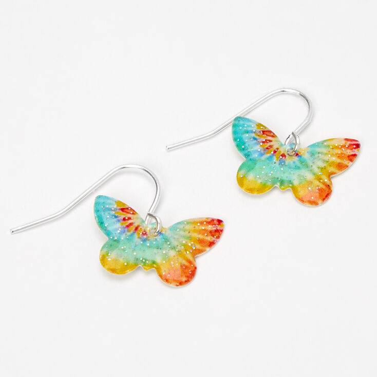 Silver 0.5&quot; Tie Dye Butterfly Drop Earrings,