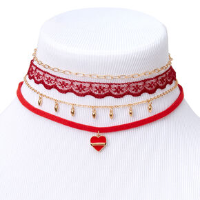 Red Enamel Heart Mixed Choker Necklaces - 4 Pack,
