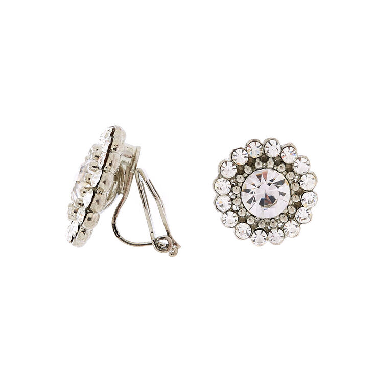 Silver Crystal Clip On Stud Earrings,