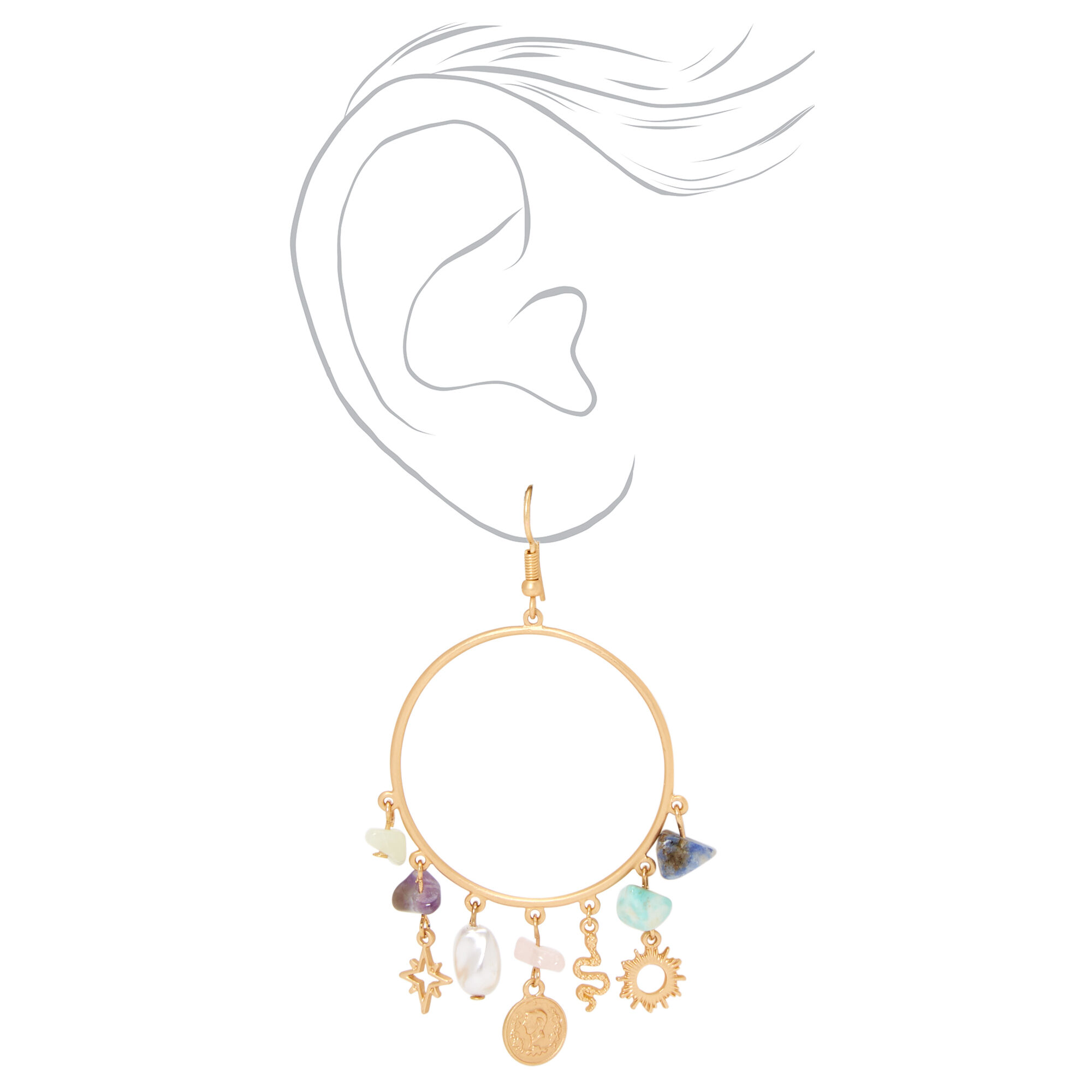 Stone & Charms 2" Gold Hoop Earrings,