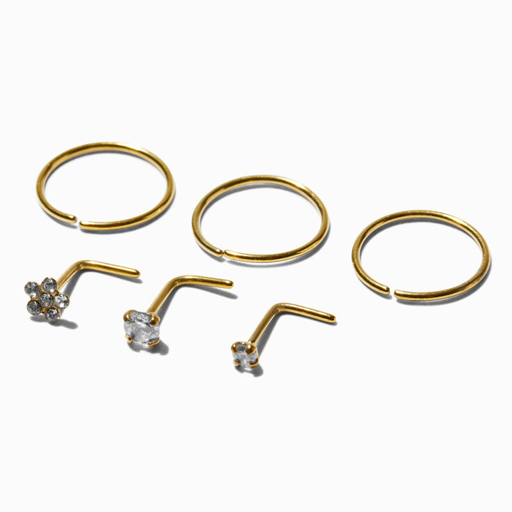 Anneaux et clous de nez carr&eacute;s 0,8&nbsp;mm avec strass carr&eacute;s et marguerite en acier inoxydable couleur dor&eacute;e - Lot de 6,