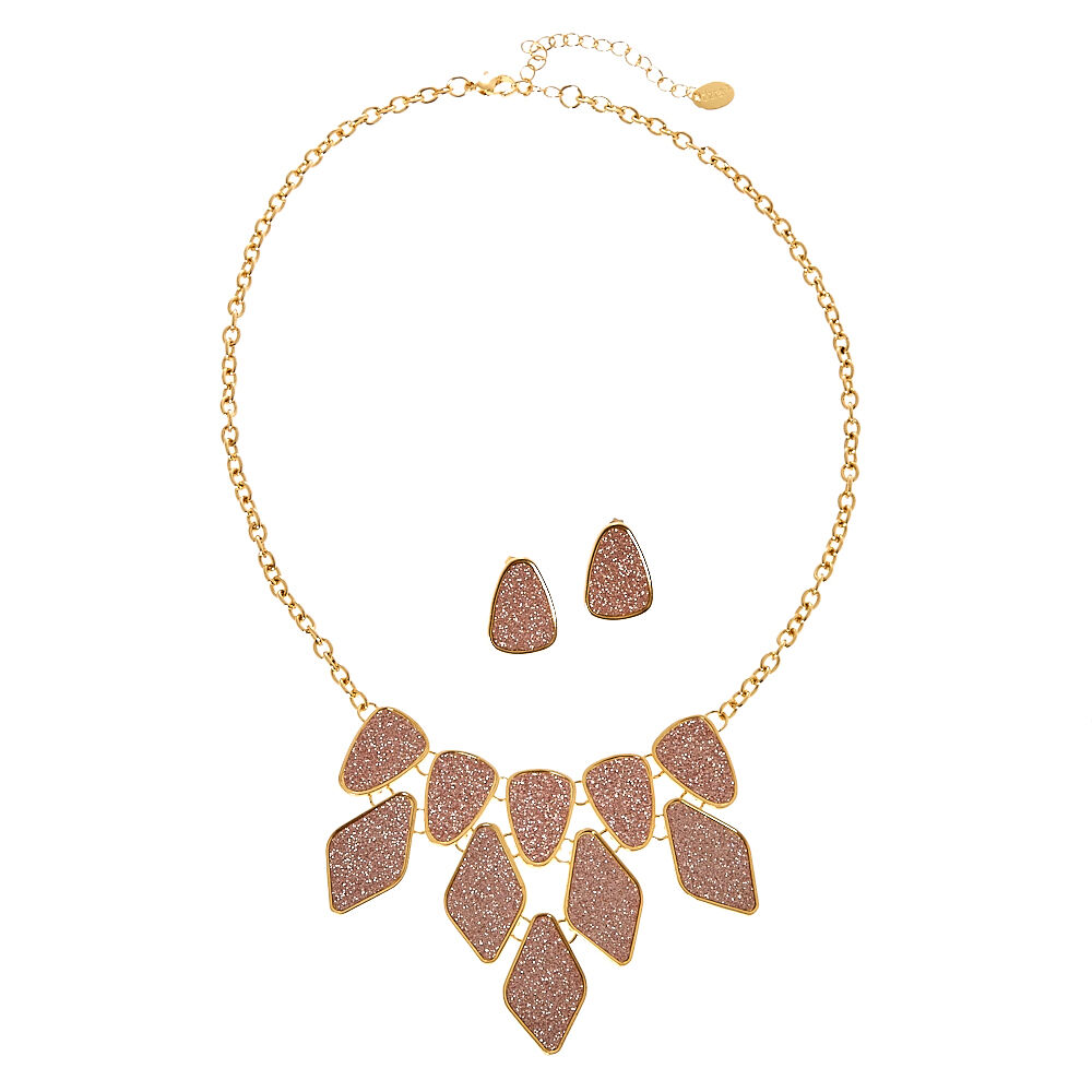 Rose Gold Glitter Tape Statement Necklace & Earrings Set,