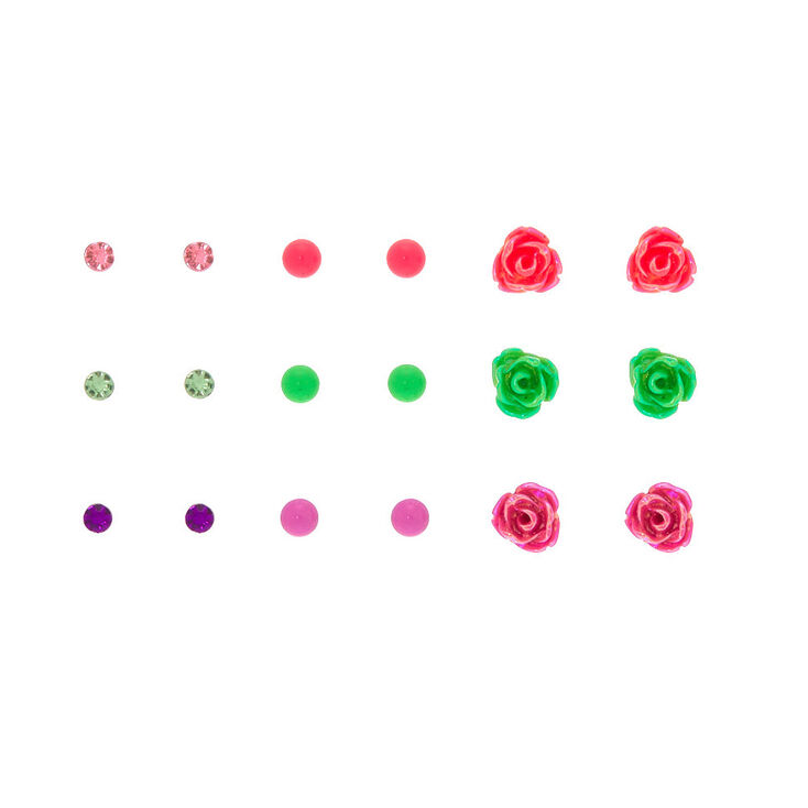 Neon Flower Stud Earrings - 9 Pack,