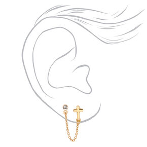 Gold Cross Crystal Connector Chain Stud Earrings,