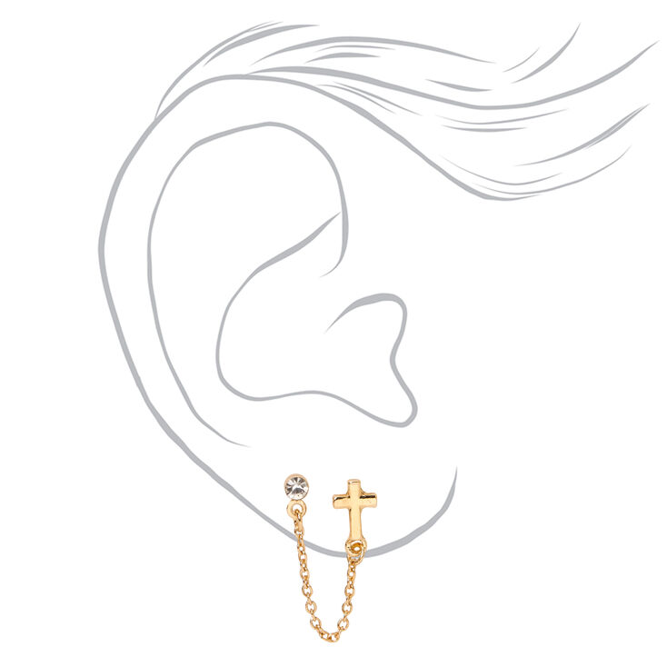 Gold Cross Crystal Connector Chain Stud Earrings,