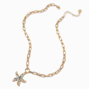 Gold-tone Embellished Starfish Paperclip Chainlink Pendant Necklace,