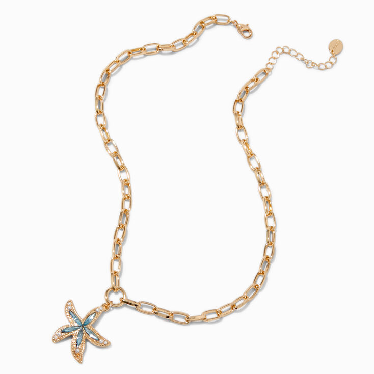 Gold-tone Embellished Starfish Paperclip Chainlink Pendant Necklace,