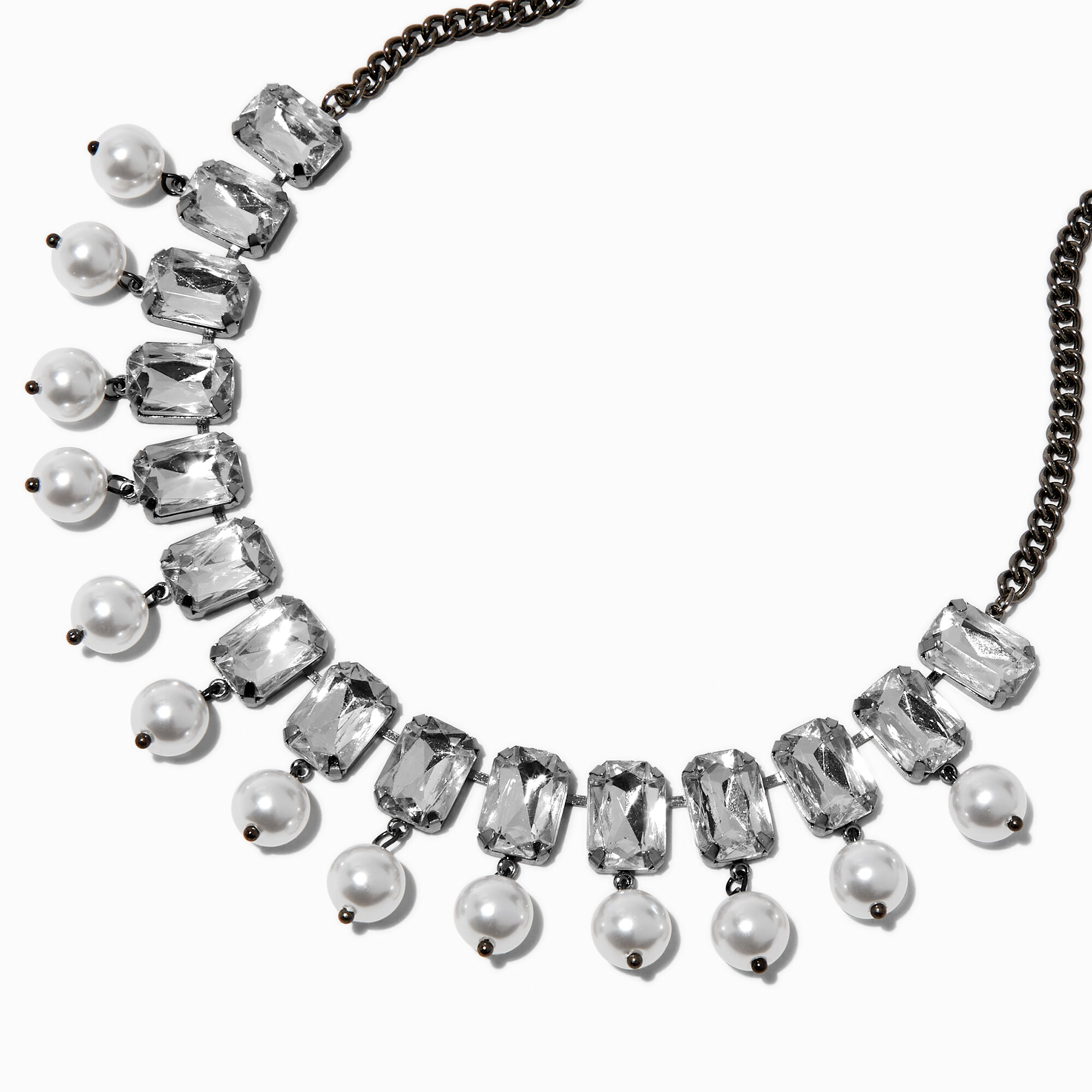 Hematite Large Rhinestone & Pearl Choker Necklace,